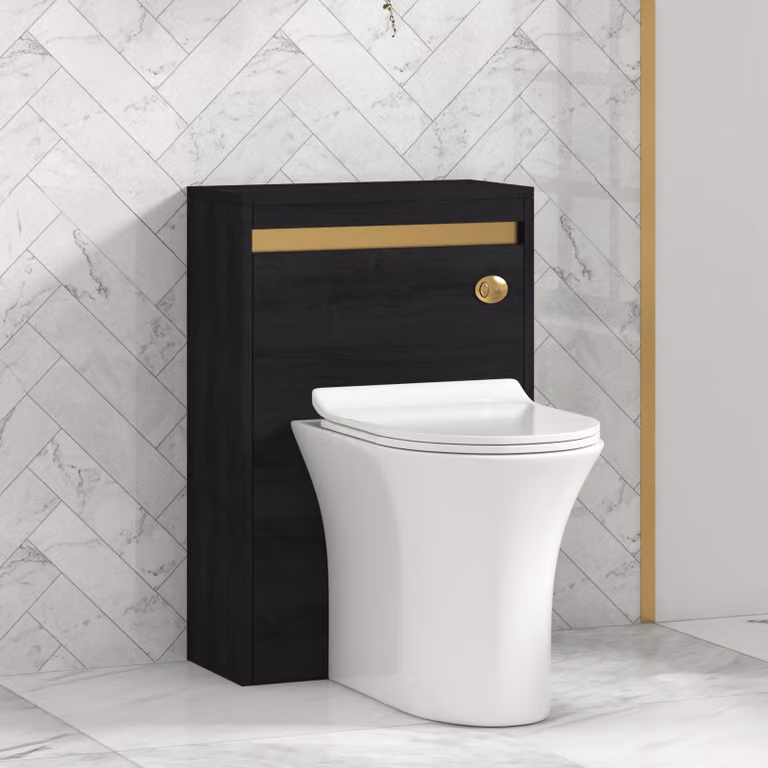 Orion Hale Black BTW WC Unit with Breeze Rimless Toilet Pan, Slim Seat and Cistern with Brushed Brass Accent Trim