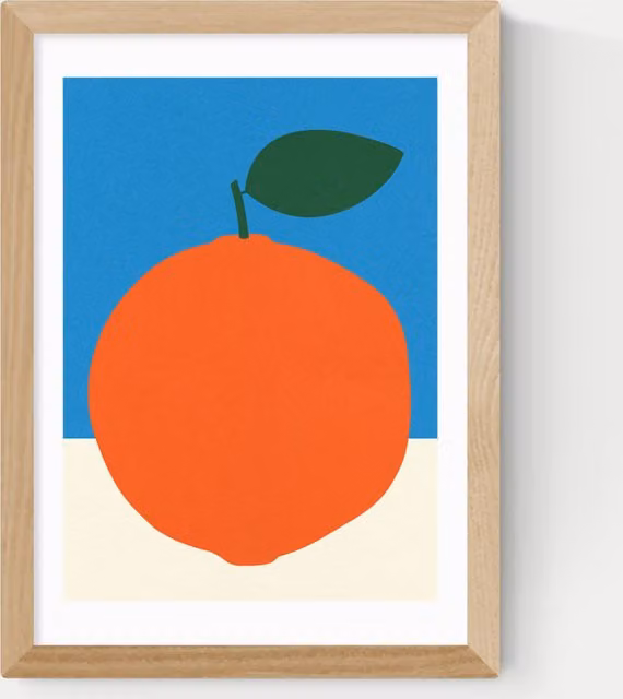 East End Prints Modern Abstract Wall Art in Blue and Orange with Natural Wood Frame