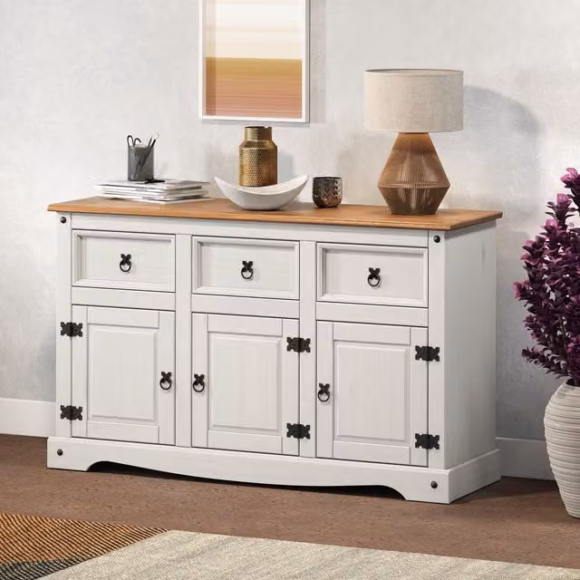 Mercers Furniture Corona White 3 Door Rustic Waxed Wood Sideboard