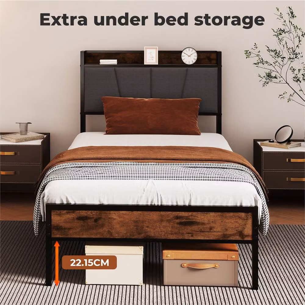Nordara Brown Heavy-Duty Metal Platform Bed Frame for your Bedroom, W/D/H: 90 x 190 cm – 2