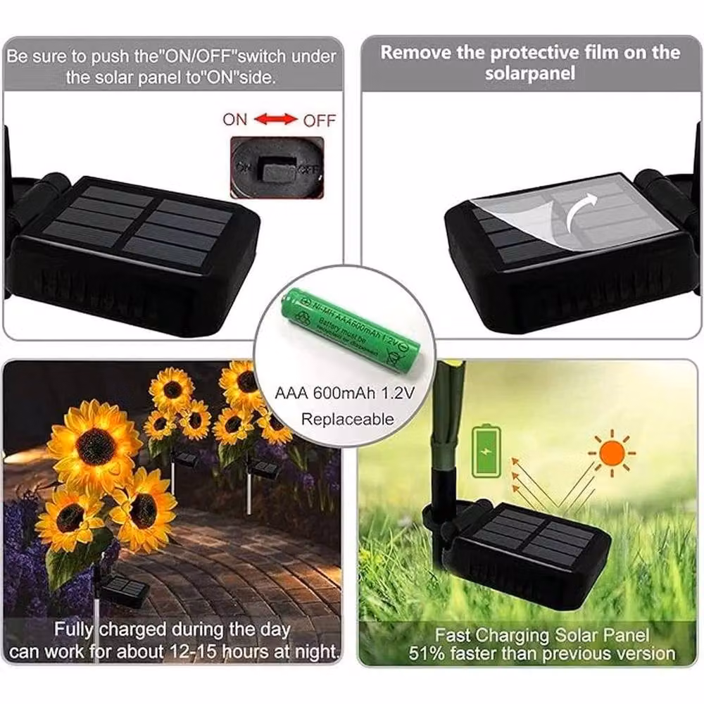 KORVIXA 2-Pack Solar Powered 3-Head LED Garden Lights in Yellow, Height: 100 cm – 4