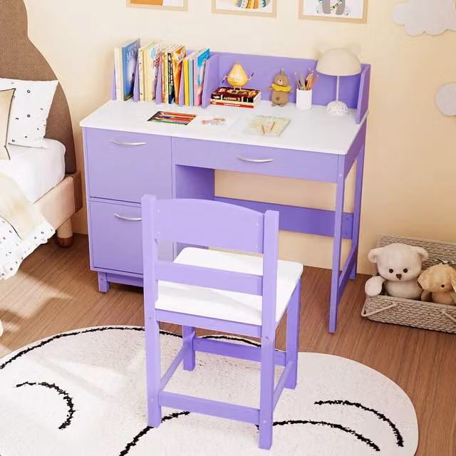 Costway Kids Study Desk and Chair Set, Purple Wooden Activity Table with Wide Rectangular Desktop