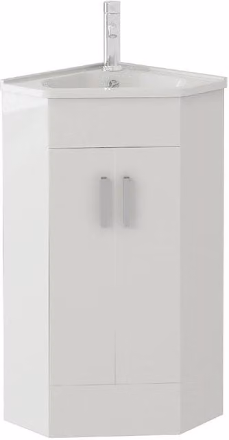 SPETLEK Modern White Glossy Corner Vanity Unit and Sink Basin with Soft-Close Hinged Doors – 1