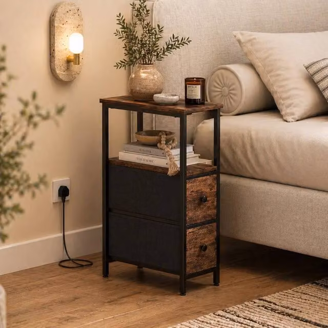 Wyld Haus Suro Narrow Bedside Table with 2 Fabric Drawers and Charging Station in Brown