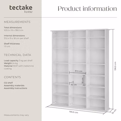 tectake CD Storage Unit in Matt White with Height-Adjustable Shelves and Media Compartments – 3