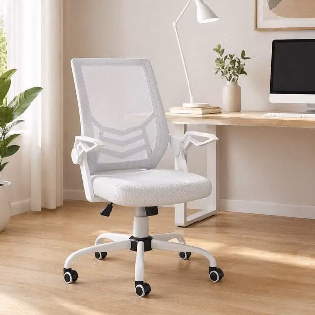 STILVORA White Fabric Task Chair with Flip-Up Armrests, Tilt Function and 360 Degree Swivel – 1