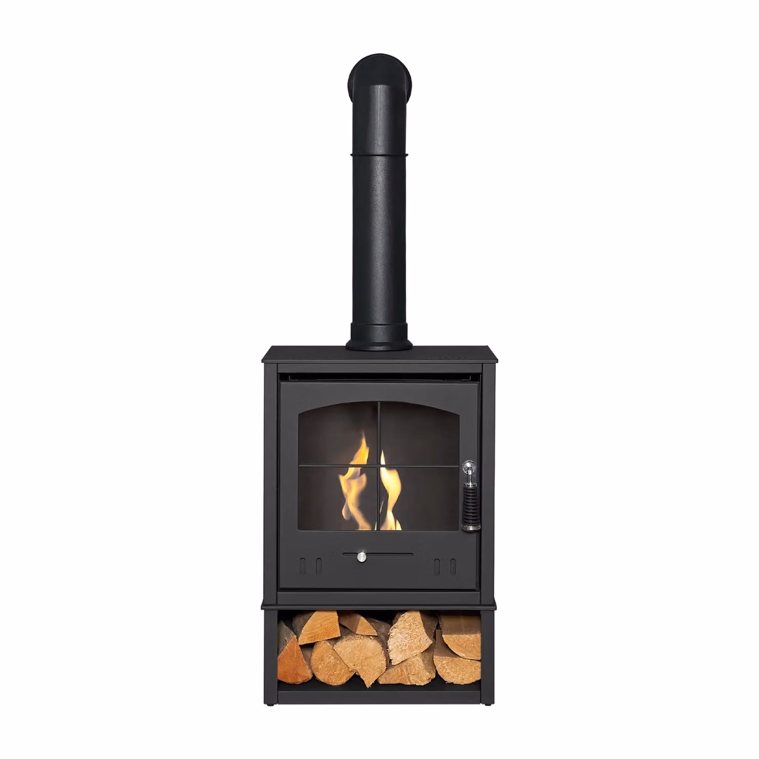 OKO S2 Bio Ethanol Stove with Log Storage in Charcoal Grey and Black Tall Angled Stove Pipe – 2