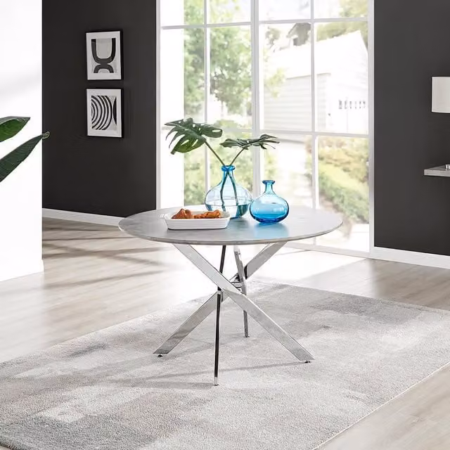 FurnitureboxUK Novara Round 6-Seater Dining Table in Grey with Silver Metal X-Frame Legs