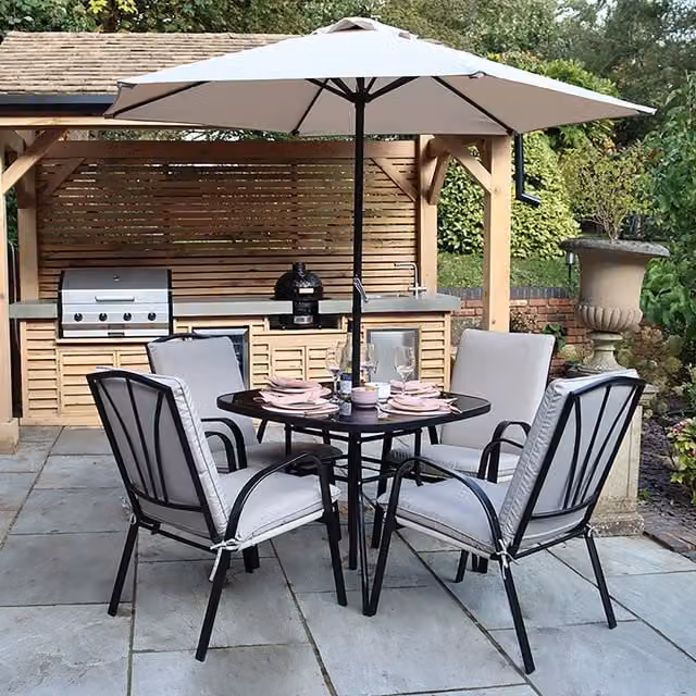 Royalcraft Amalfi Padded Dining Set with Black Glass Round Table and 4 Ivory Armchairs