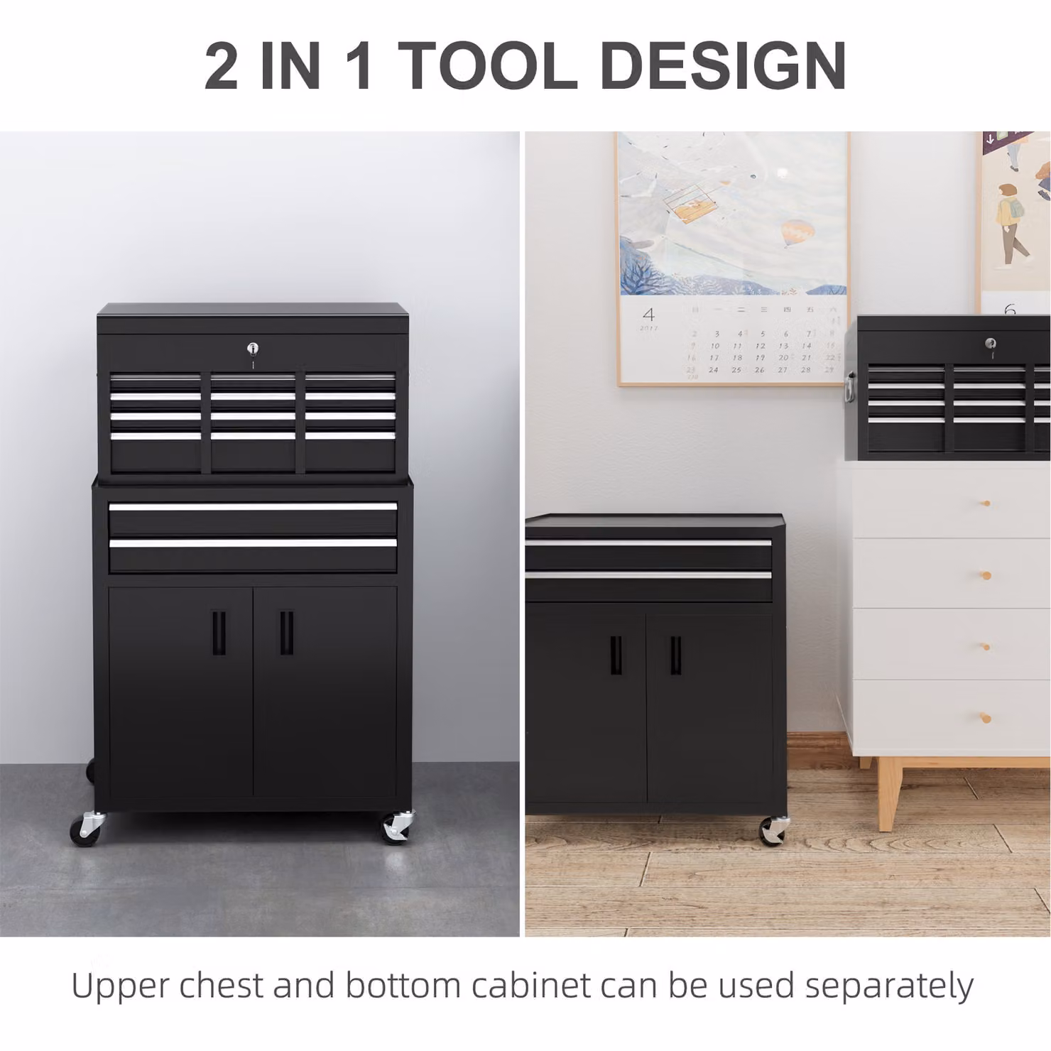 HOMCOM Portable Metal Tool Storage Box with 6 Drawers and 1 Bottom Cabinet, Lockable Rolling Tool Chest, Black – 4