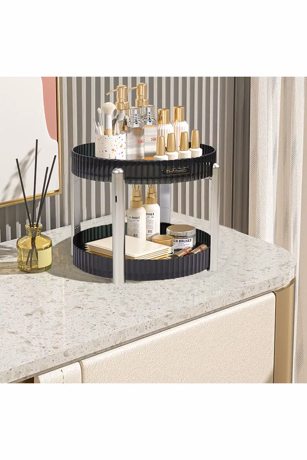 Living and Home Round Rotating Plastic Storage Organiser for Spices and Makeup in Green and Silver – 3