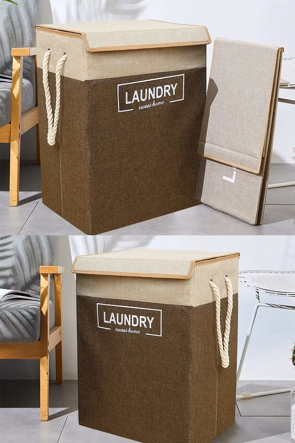 Neel Blue Collapsible 70L Laundry Basket with Flip Lid and Handles in Brown – 5