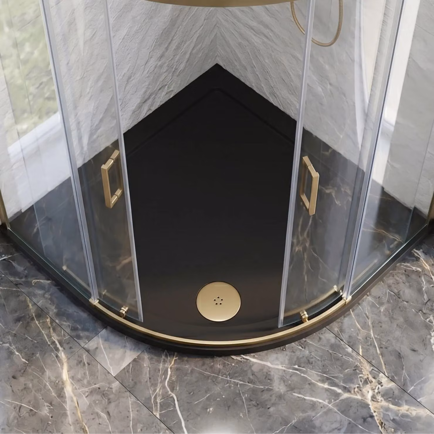 Balterley Resin Corner Shower Tray with 90mm Mega Flow Waste in Brushed Brass and Black – 3