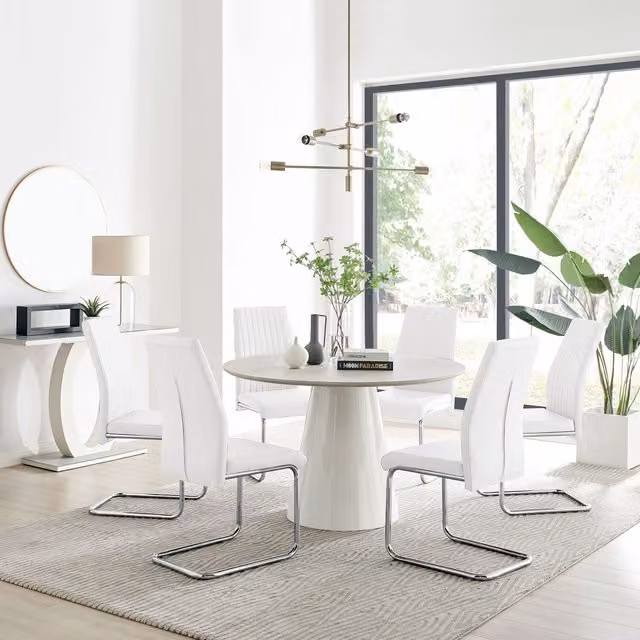 FurnitureboxUK Palma Beige Stone Effect Round Dining Table and 6 Lorenzo Chairs in White