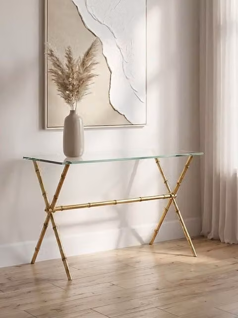 Orsina Modern Gold Console Table with Glass Top and Drawers, W/D/H: 120 x 45 x 70 cm – 1