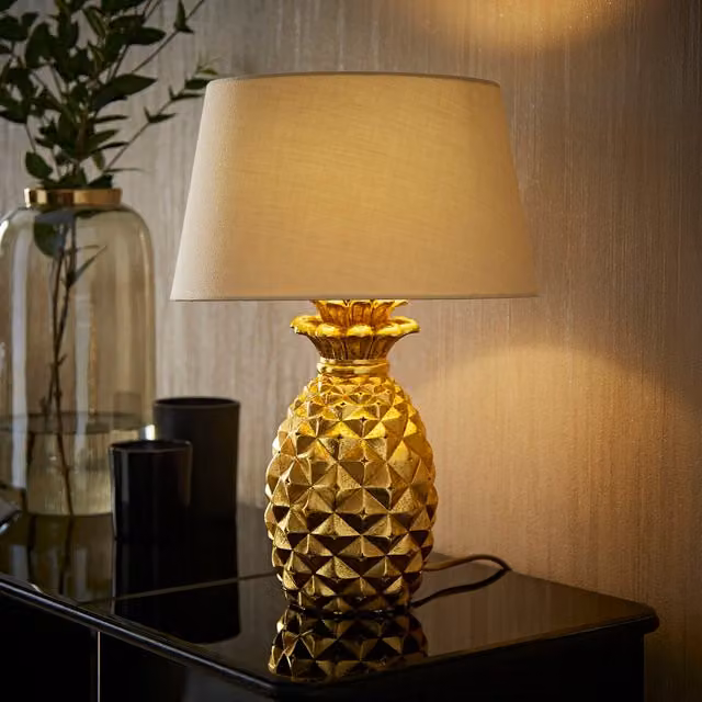 ValueLights Pineapple Quirky Table Lamp in Gold/Brass with Black Fabric Shade