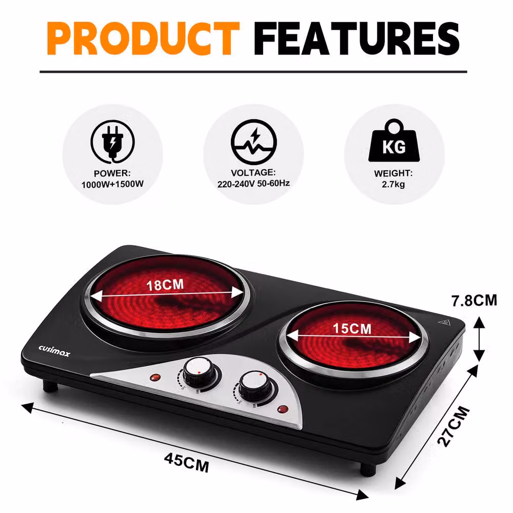 Cusimax 2100W Double Burner Electric Hot Plate with Cast Radiant Ceramic Elements in Black – 3