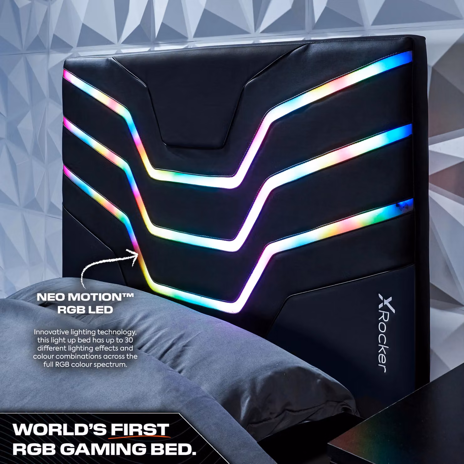 X Rocker Cosmos Single Bed with Under-Bed LED Lighting in Black Synthetic Leather, W/D/H: 90 x 200 cm – 3