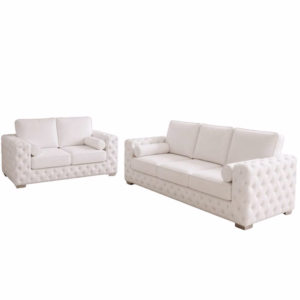 Stratus Interiors Ashley Full Back Chesterfield Upholstered Fabric 2 and 3 Seater Sofa Set in White – 2
