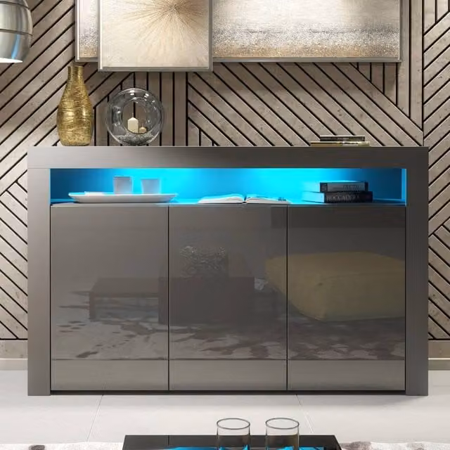 Creative Furniture Aether Sideboard in Grey with Glossy Doors and Integrated Lighting, W: 155 cm, D: 40 cm, H: 92 cm