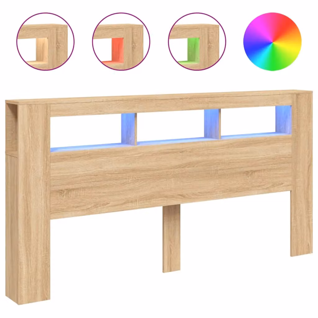 Berkfield Home Sonoma Oak LED Headboard in Brown with Integrated Shelf and USB Charging Port, Width: 200 cm – 2