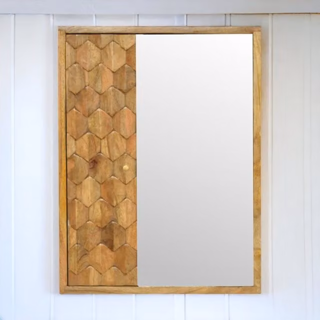 Artisan Furniture Mango Wood Pineapple Carved Mirror Cabinet with Sliding Doors in Beige and Brown