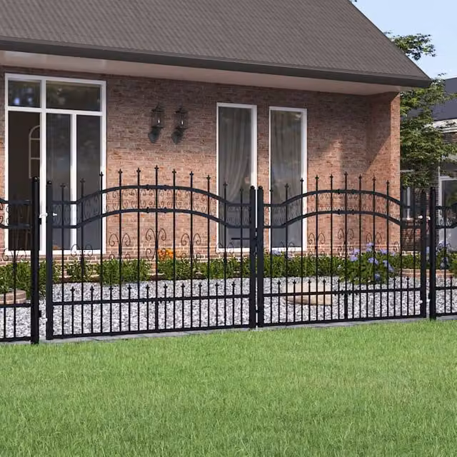 Berkfield Home Spear Top Fence Gate, Black Powder-coated Steel, W: 305 cm, H: 151 cm