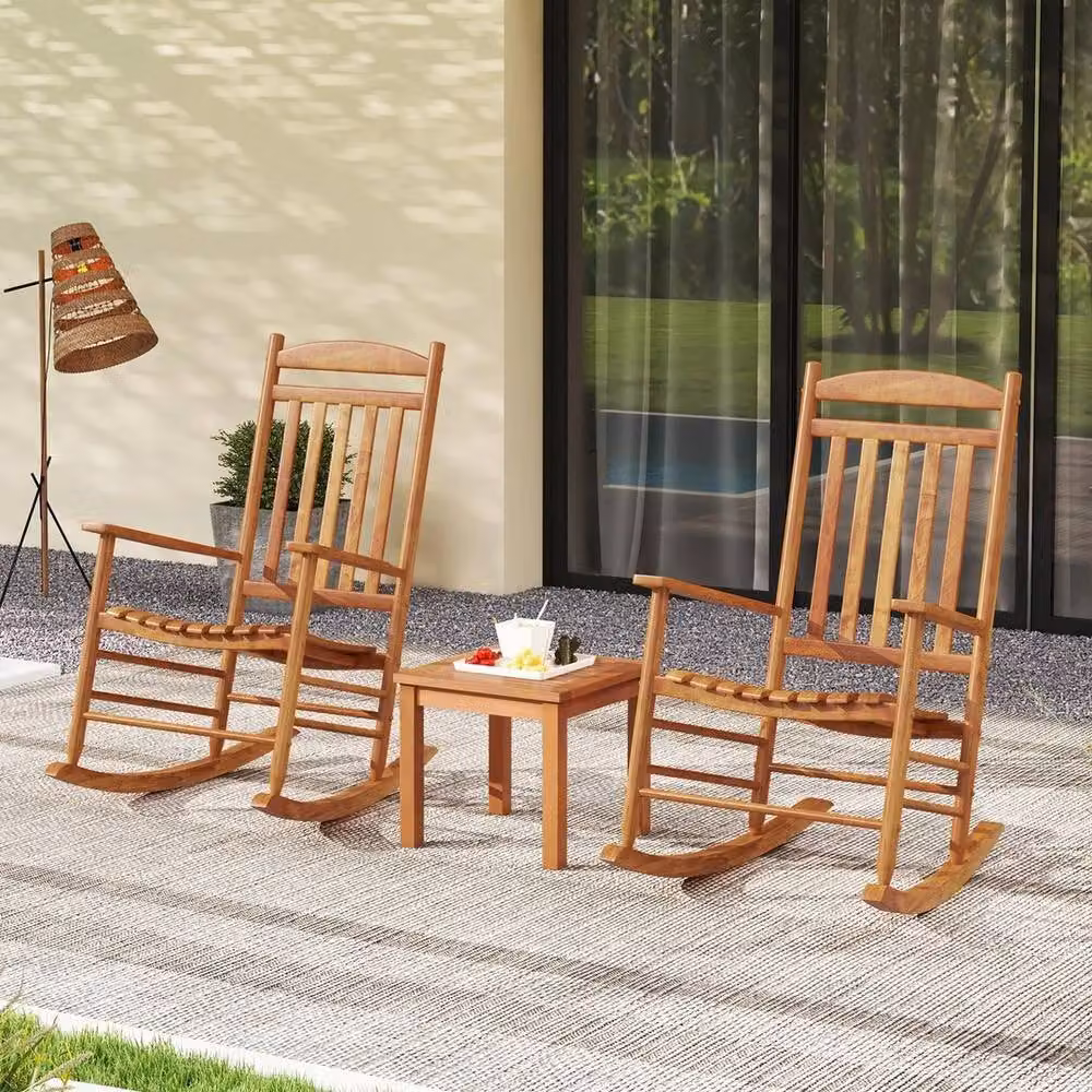 VOGREX High Back Poplar Wood Patio Rocking Chair in Brown – 3