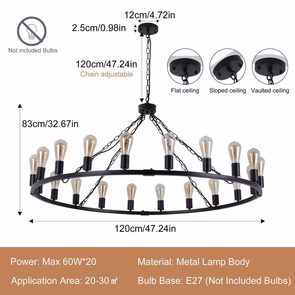 NIVOR 20-Light Waggon Wheel Kitchen Chandelier in Black and Bronze, Adjustable Retro Metal Pendant Light with E27 Base – 2