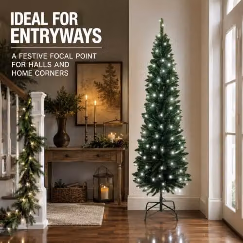 Shatchi Green Slim Pencil Artificial Christmas Tree with Cool White LEDs and Metal Stand, Height: 2.4 m – 6