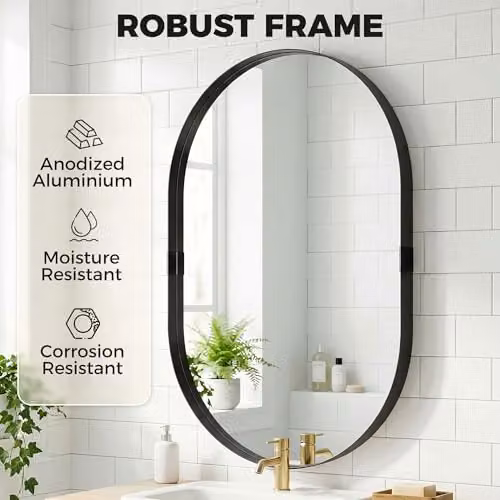 HOMCOM Modern Oval Wall Mirror with Aluminium Alloy Frame, Black, W: 60 cm, H: 90 cm – 4