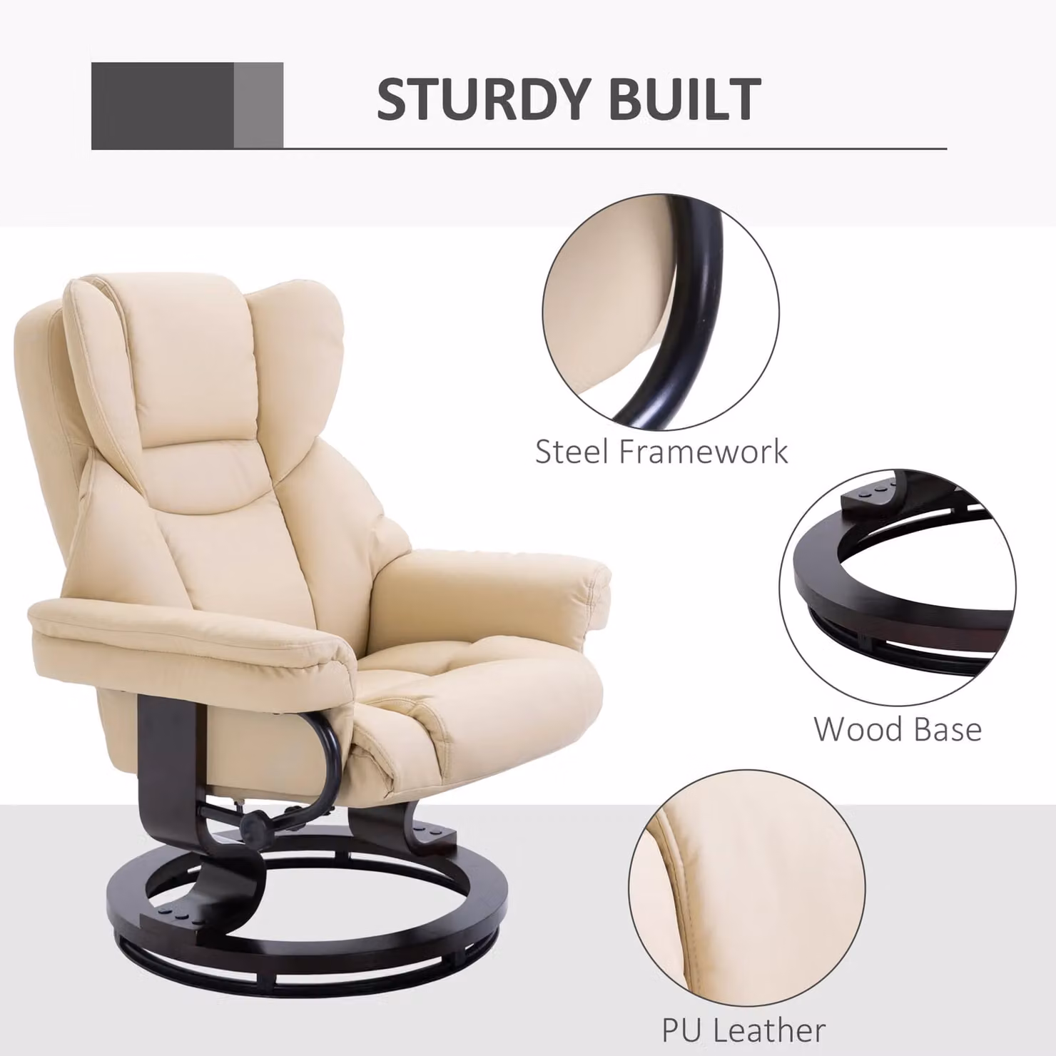 HOMCOM Modern Manual Reclining Armchair with Integrated Ottoman in Beige Synthetic Leather – 3