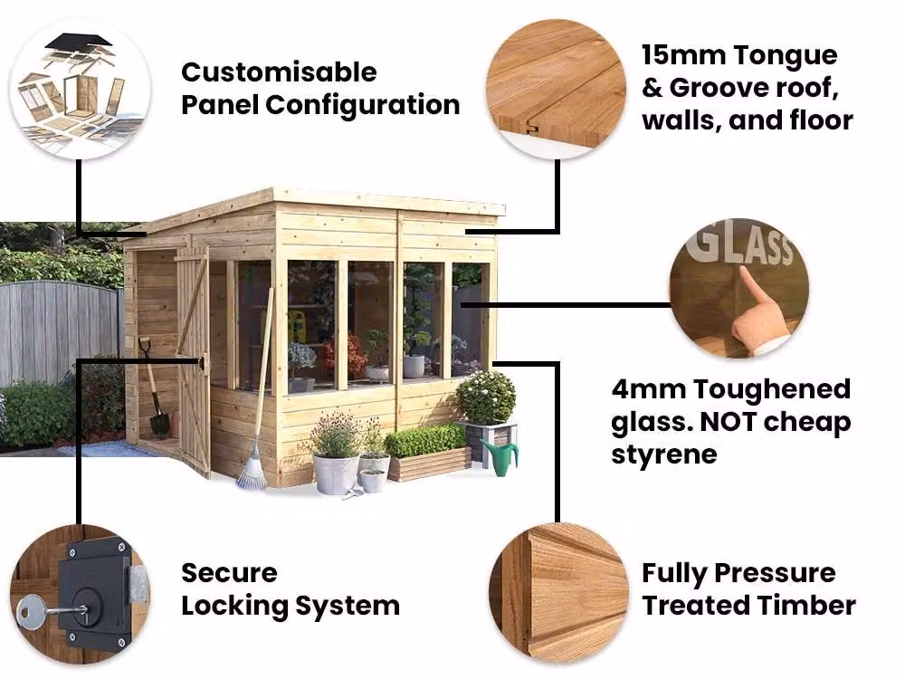 Dunster House Overlord Modular Wooden Pent Roof Potting Shed in Brown, W: 2.4 m, D: 2.4 m – 4
