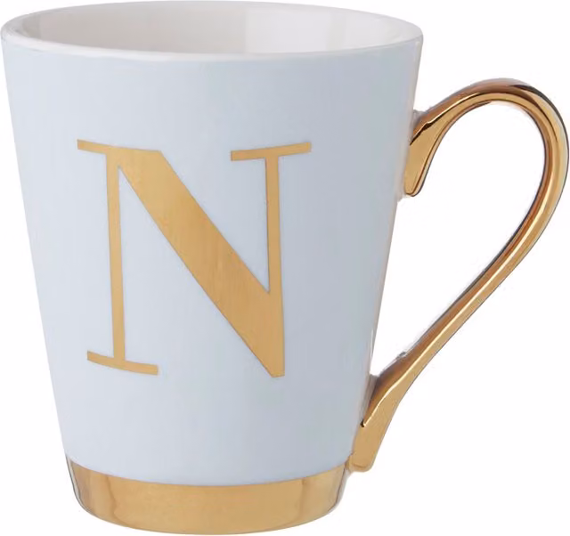 Orsina Personalized White Frosted Deco N Letter Monogram Bone China Mug with Gold Details