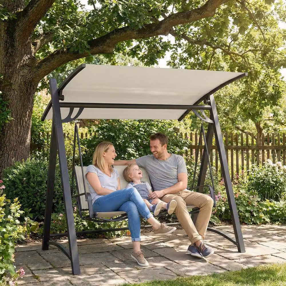 STILVORA 3 Seater Swing Chair with Adjustable UV-Resistant Canopy in Beige – 3