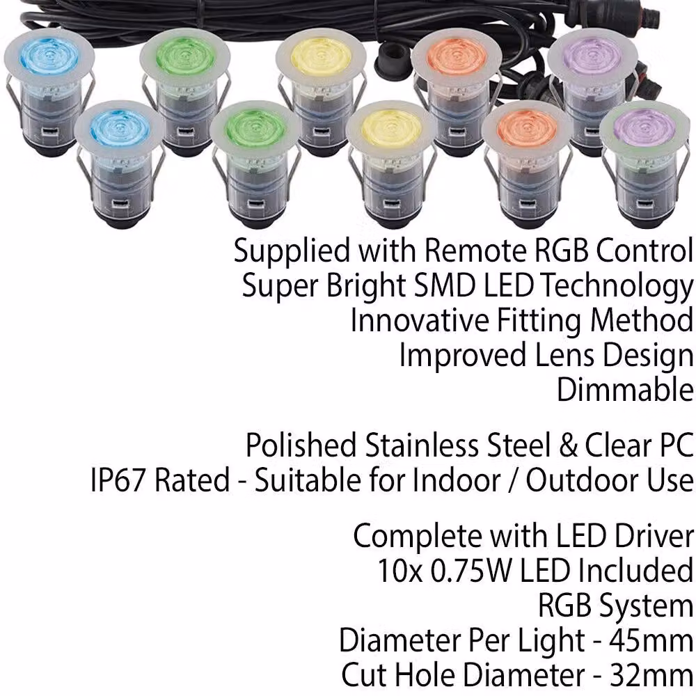 Loops RGB Colour Changing Decking Plinth Light Kit, 10x 45mm IP67 Outdoor Recessed LED Lamps in Silver and Multicolour – 2
