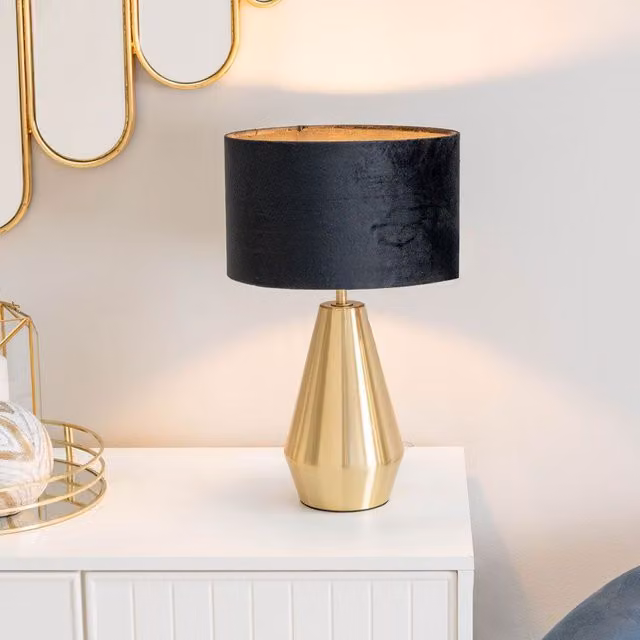 ValueLights Jax Antique Brass Dimmable Touch Table Lamp with Black Velvet Drum Shade and LED Bulb – 1