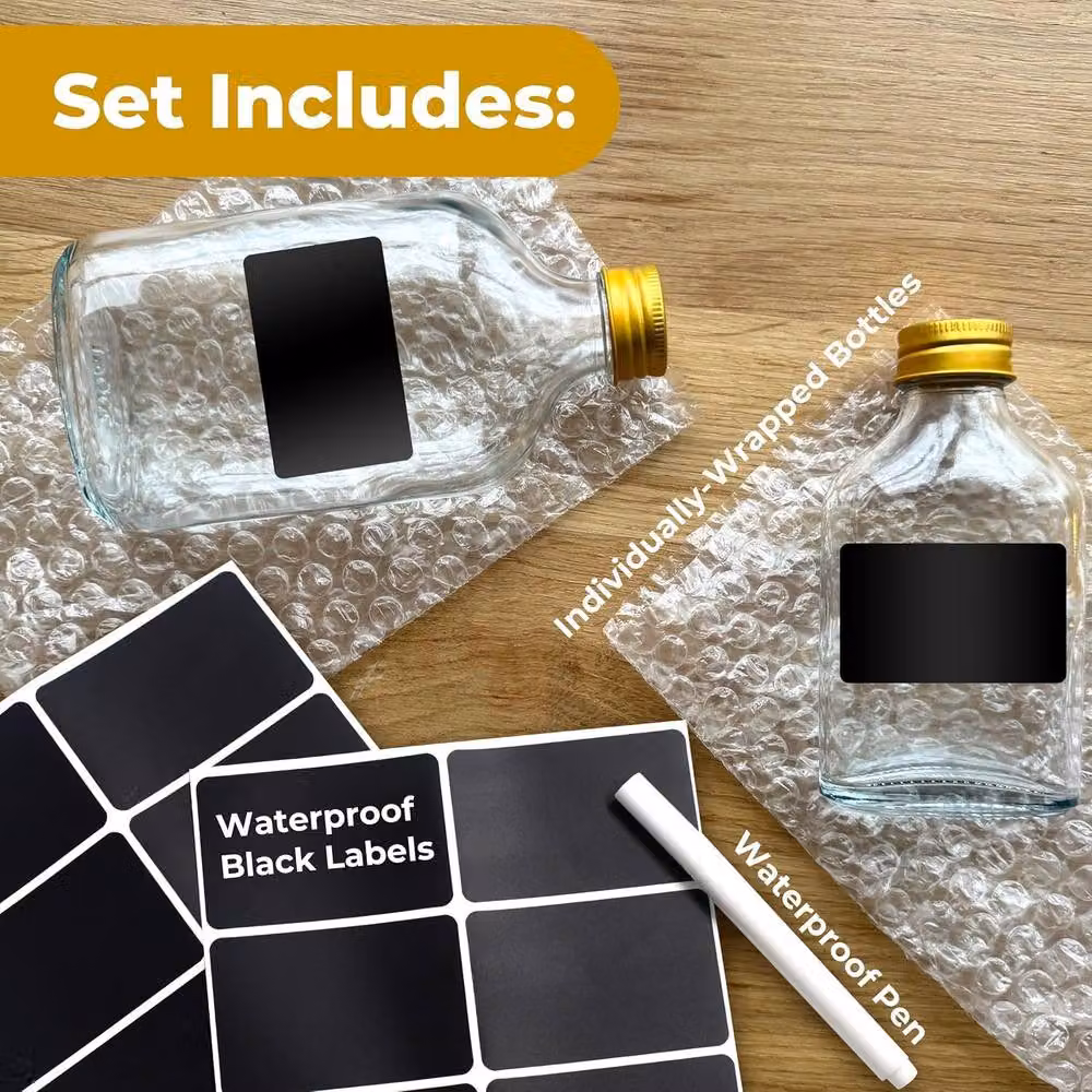 Volila 10 Pack Clear Glass Flask Bottles with Gold Screw Caps, Labels and Pen, 100ml each – 6