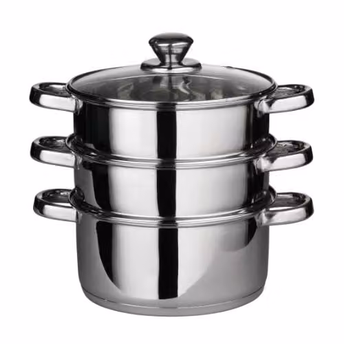 Orsina Stainless Steel 3-Tier Steamer Pot with Glass Lid, Silver, W: 22 cm, H: 25 cm