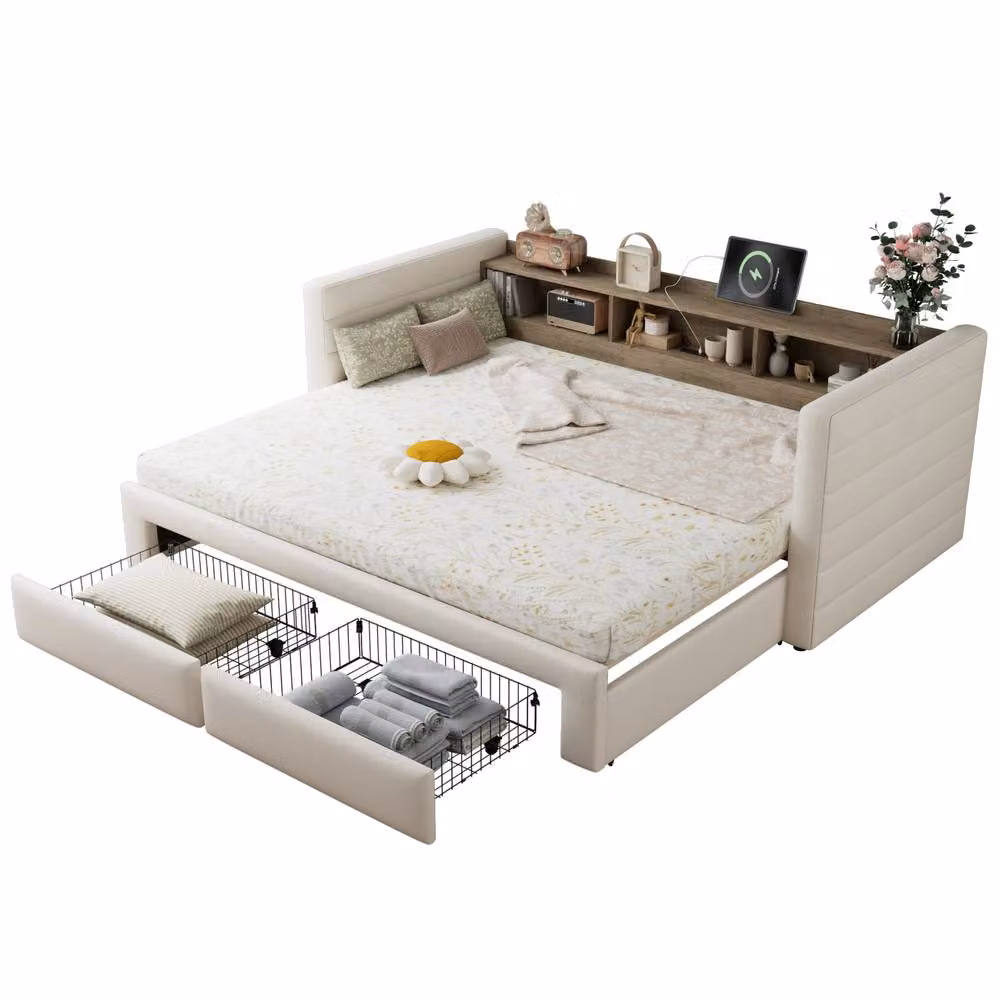 Matteo Upholstered Daybed with Storage Drawers and Trundle in Beige Linen, W/D/H: 190 x 90 x 77 cm – 3