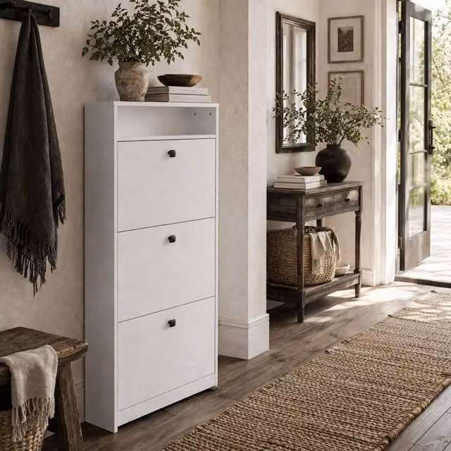 Wyld Haus Kero Vemo Slim White Shoe Cabinet with 3 Tilting Compartments and Top Shelf, H: 132 cm, W: 60 cm, D: 24 cm – 1