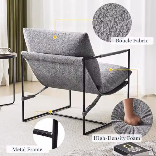 MCC Direct Luca Modern Lounge Sling Accent Chair in Grey Bouclé Fabric with Metal Frame – 3