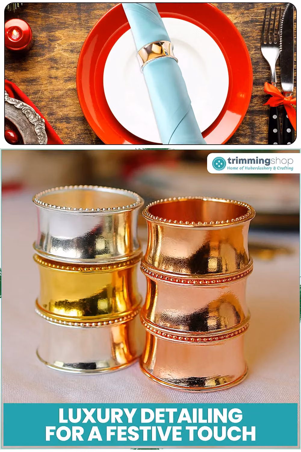 Neel Blue Beaded Rim Napkin Rings in Rose Gold and Blue, 6-Piece Set – 4