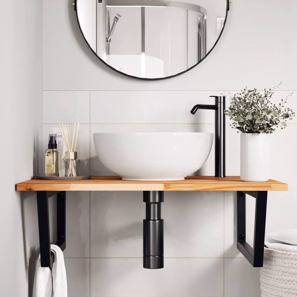 Berkfield Home Wall Mounted Basin Shelf in Brown Acacia Wood and Steel – 2