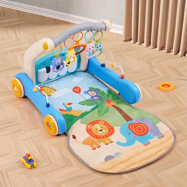 Livingandhome Blue Baby Push Along Walker with Musical Keyboard, Sensory Mirror and Motor Skill Development Toys