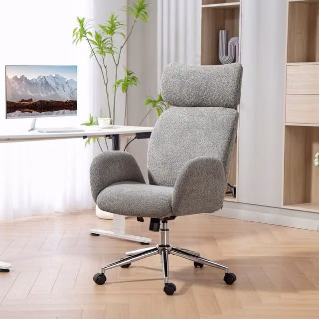 HOMCOM Modern Bouclé Swivel Task Chair with Adjustable Headrest in Charcoal Grey