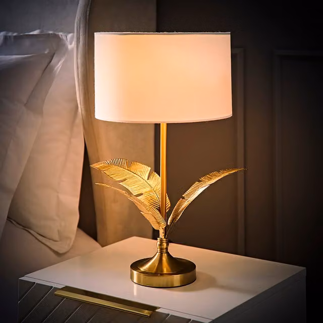 ValueLights Christina Palm Leaf Table Lamp with White Fabric Drum Shade and LED Bulb in Gold/Brass