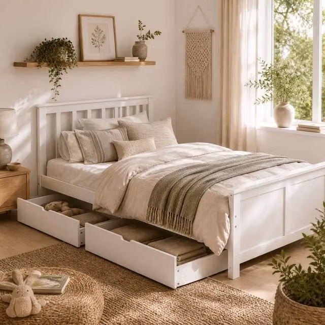 Wyld Haus Sutton White Wooden Single Bed Frame with 2 Underbed Storage Drawers, W/D/H: 122 x 90 x 82 cm