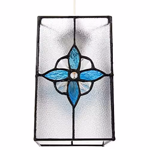 Happy Homewares Vintage Rectangular Tiffany Style Glass Pendant Light Shade in Transparent Petrol Blue, Height: 21 cm