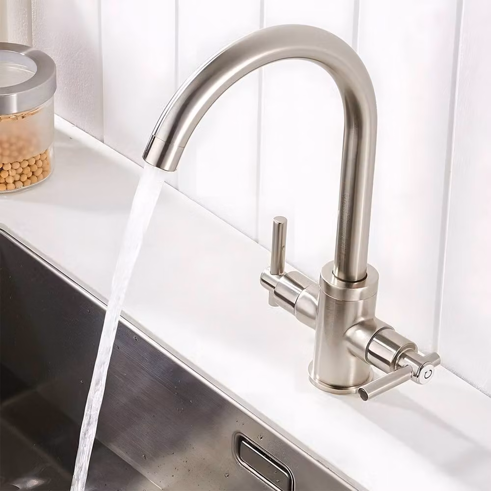 Heable Sleek Dual Lever Kitchen Mixer Tap with Swivel Spout in Brushed Nickel Silver – 2